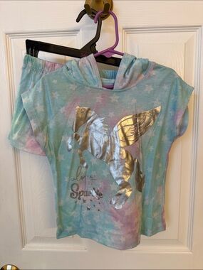 Girls' Tie-Dye Hooded Pajama Set with Metallic Gold Pegasus